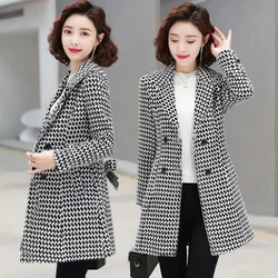 Thousand Bird Plaid Woolen Coat Women's Medium Long 2025 Autumn New Jackets Waist Closing Korean Wool Windbreaker Female Outwear
