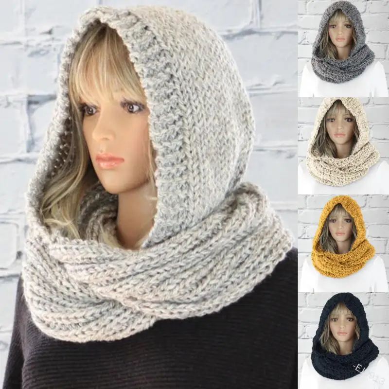 Donne alla moda con cappuccio bavaglino tinta unita cappello di lana sciarpa Casual autunno inverno tinta unita maglia calda scrraf Cap Neck Wrap