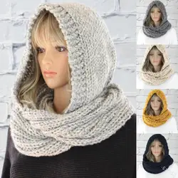 Donne alla moda con cappuccio bavaglino tinta unita cappello di lana sciarpa Casual autunno inverno tinta unita maglia calda scrraf Cap Neck Wrap