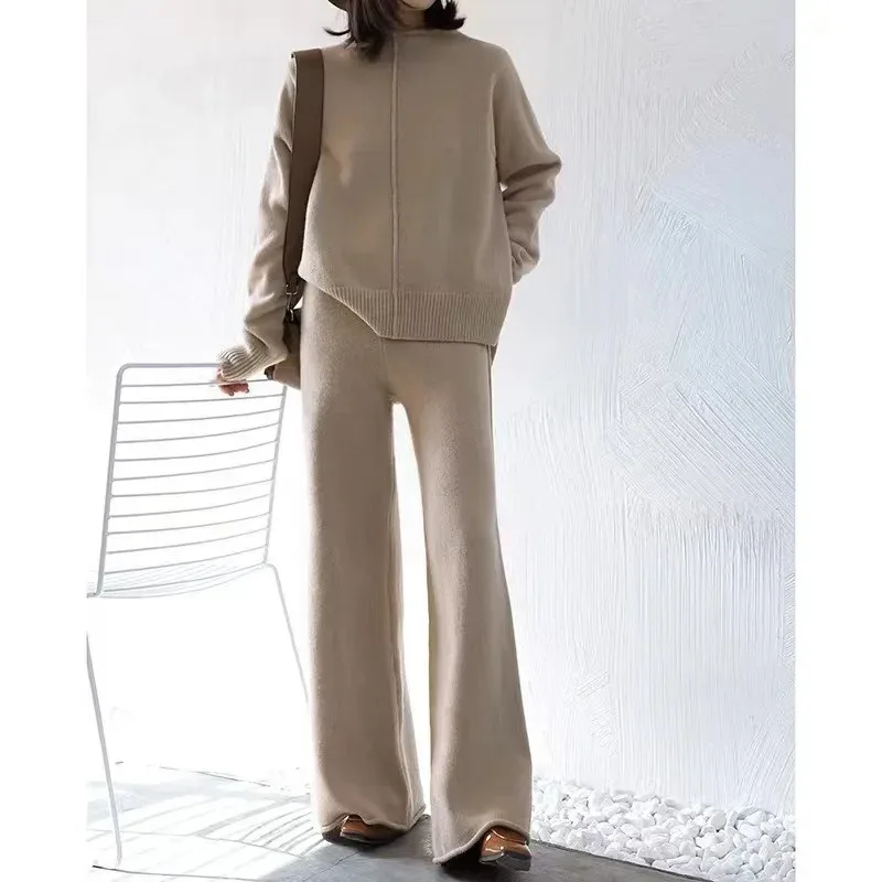 Casual Loose Knitted Set for Winter Women Sets 2024 New Retro SOlid Full Sleeve Split Sweater+Knitted Pants 2-Piece Set