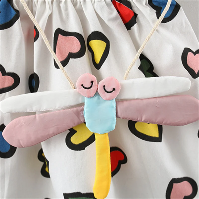 2Pcs Girls Summer New Dress Playful Flying Sleeves Colorful Love Printed A-Line Skirt With Dragonfly Crossbody Bag As A Gift