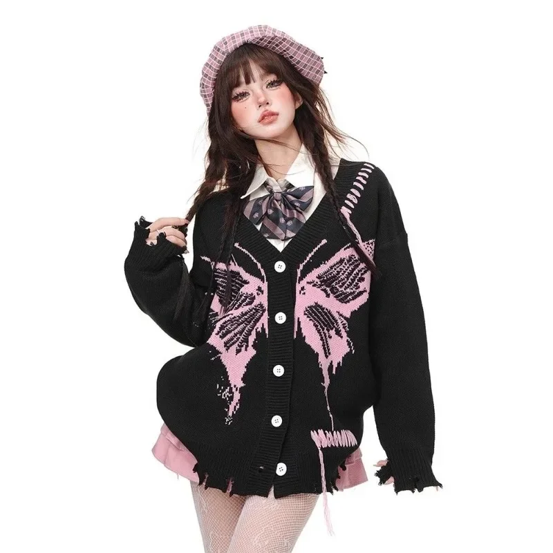 

Autumn/Winter New Butterfly Pattern Embroidered Sweater Y2K Sweet Cute Cardigan Sweater Women Casual Loose Knitted Long Sleeved