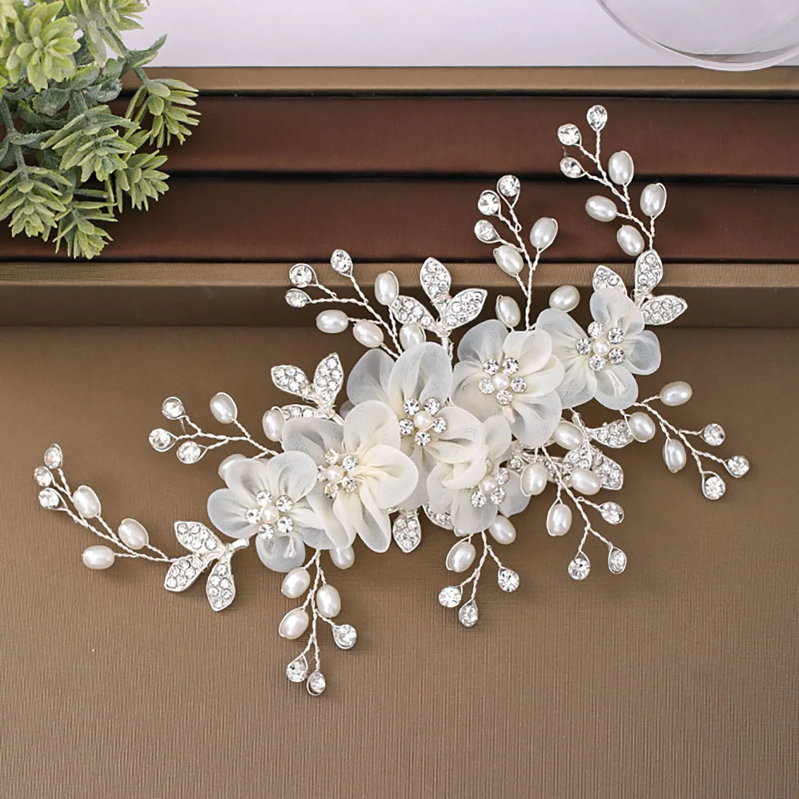 Silk Flower Hair Clip With Rhinestones and Pearls Chinese Style Hairpiece For Wedding Ceremony Bridal Women Girls Accessories