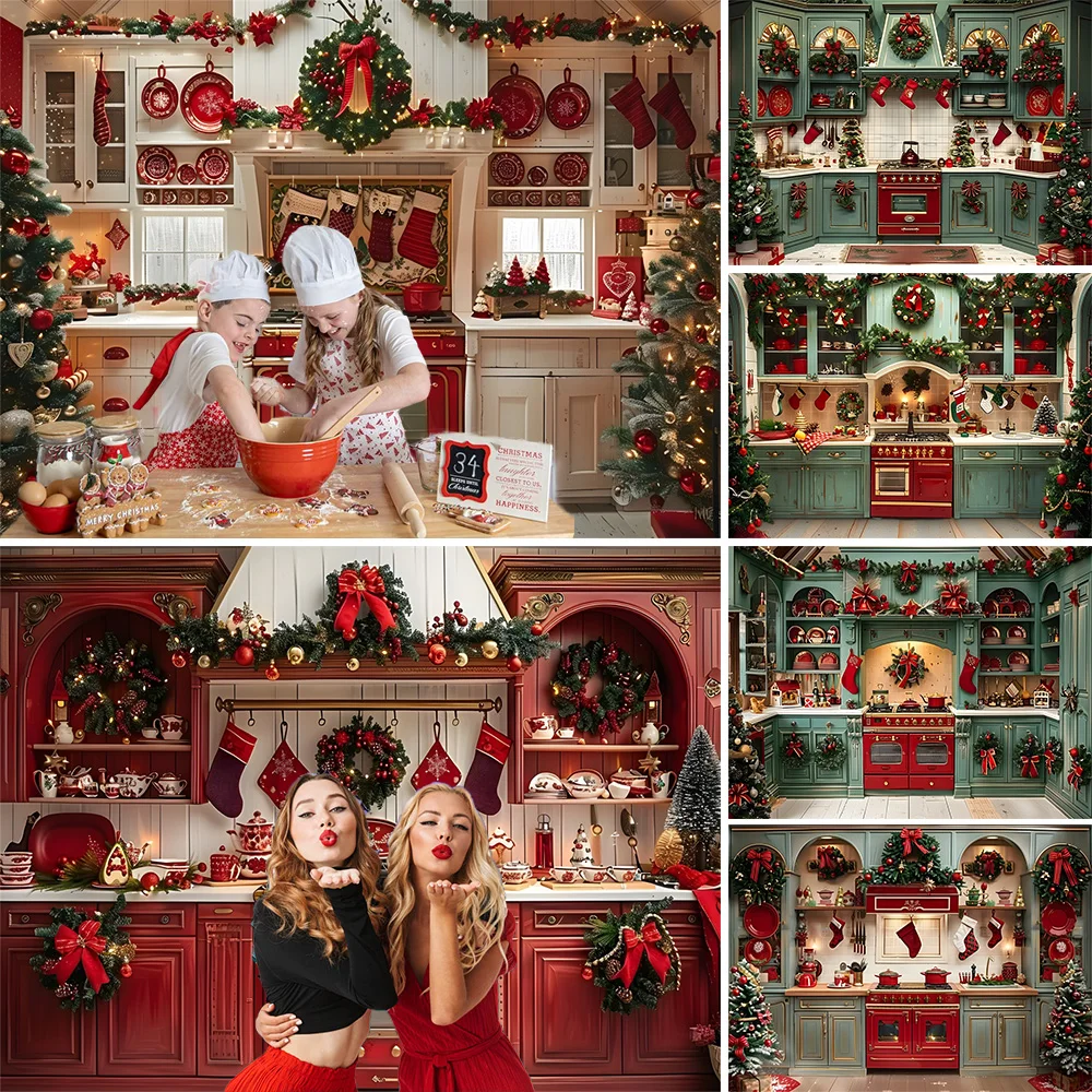 Christmas Kitchen Photography Background Retro Red Cabinets Xmas Tree Garland Socks Backdrop Kids Adult Winter Studio Photozones