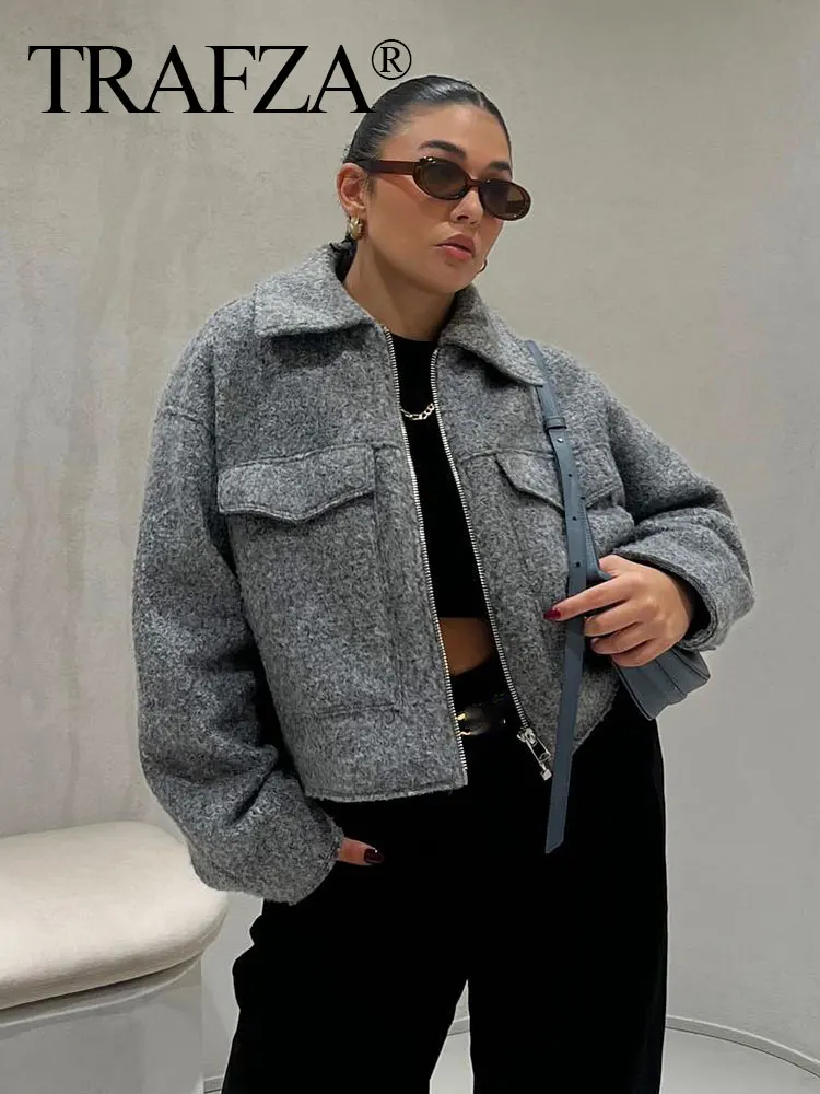 

TRAFZA Autumn Women Elegant Grey Coat Lapel Zipper Front Pocket Long Sleeve Jacket For Women Casual Fashion Streetwear Coats