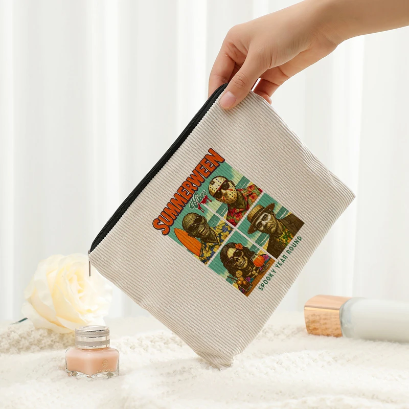 

Humorous Halloween Gift Makeup Bag Surfing Skeleton and Jason Retro Design Women Lightweight Cosmetic Case Fun Summerween Vibes