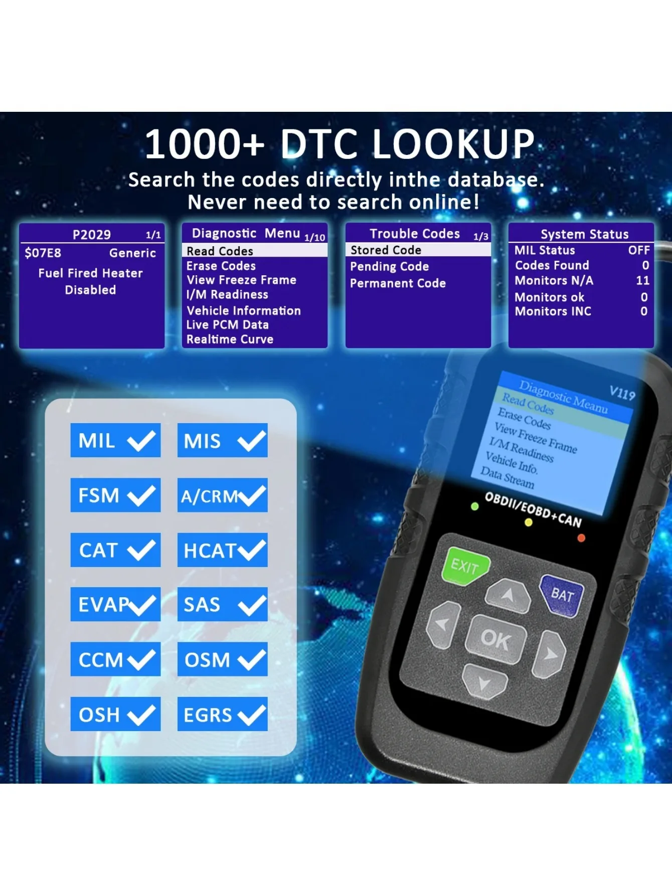V119 OBD2-Scanner: ein Autodiagnosetool mit Spannungstest und USB-Stromversorgung, geeignet zum Lesen/Reinigen von Codes auf EOBD/