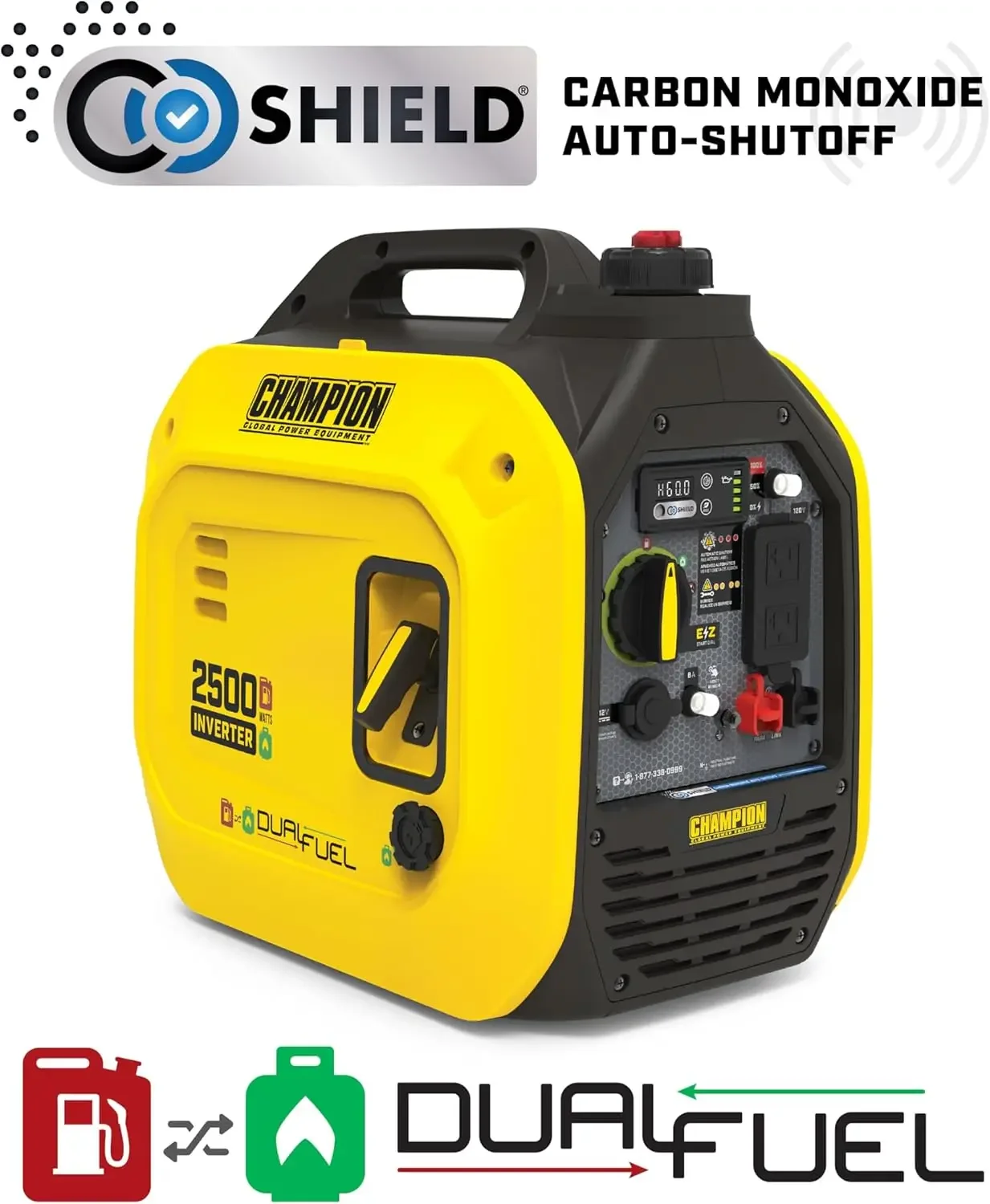 2500-Watt Dual Fuel Portable Inverter Generator with Quiet Technology and CO Shield With an ultra-quiet 53 dBA from 23 feet