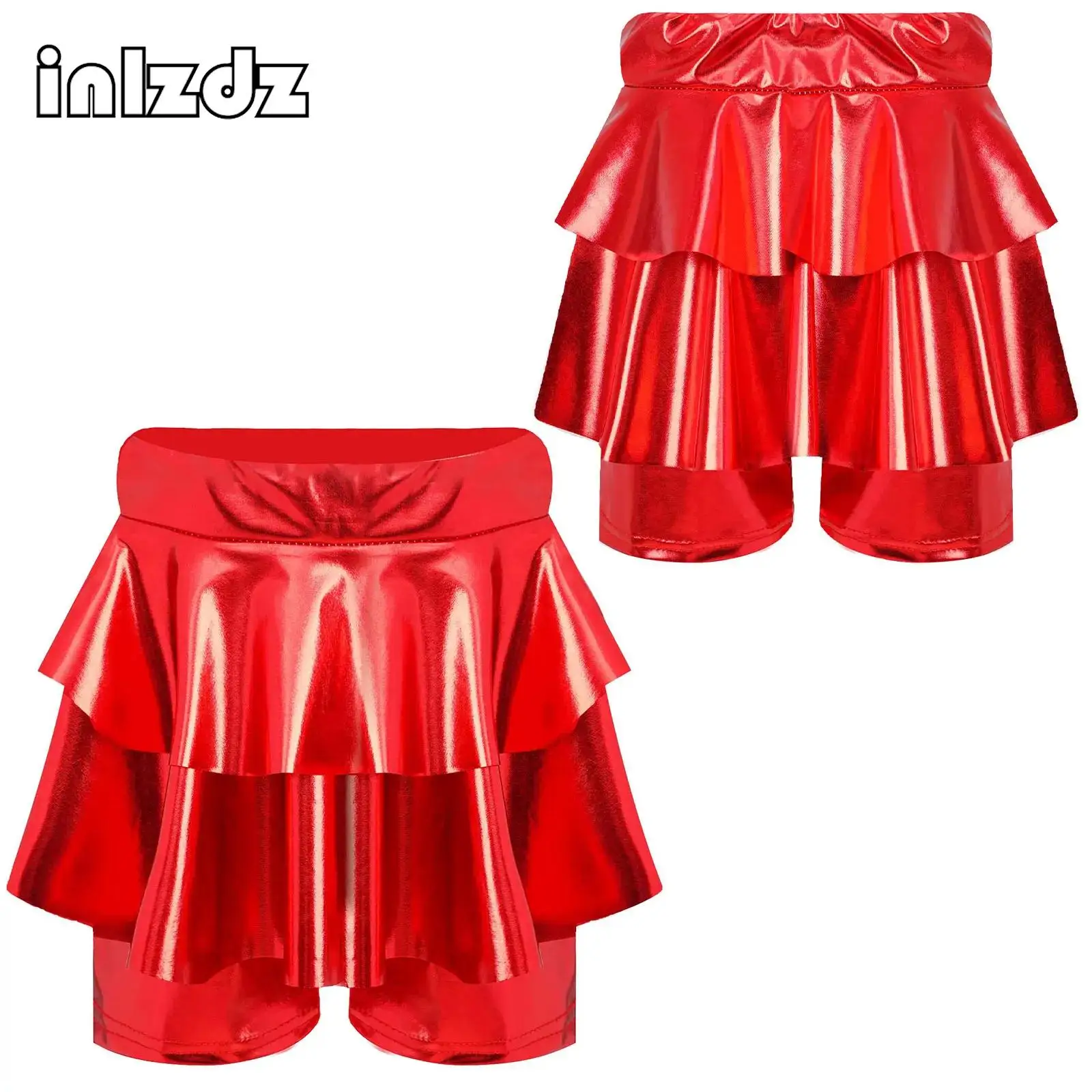 

Kids Girls Metallic Skirted Shorts High Waist Elastic Waistband Culotte for Jazz Dance Cheerleading Performance Parties Wear
