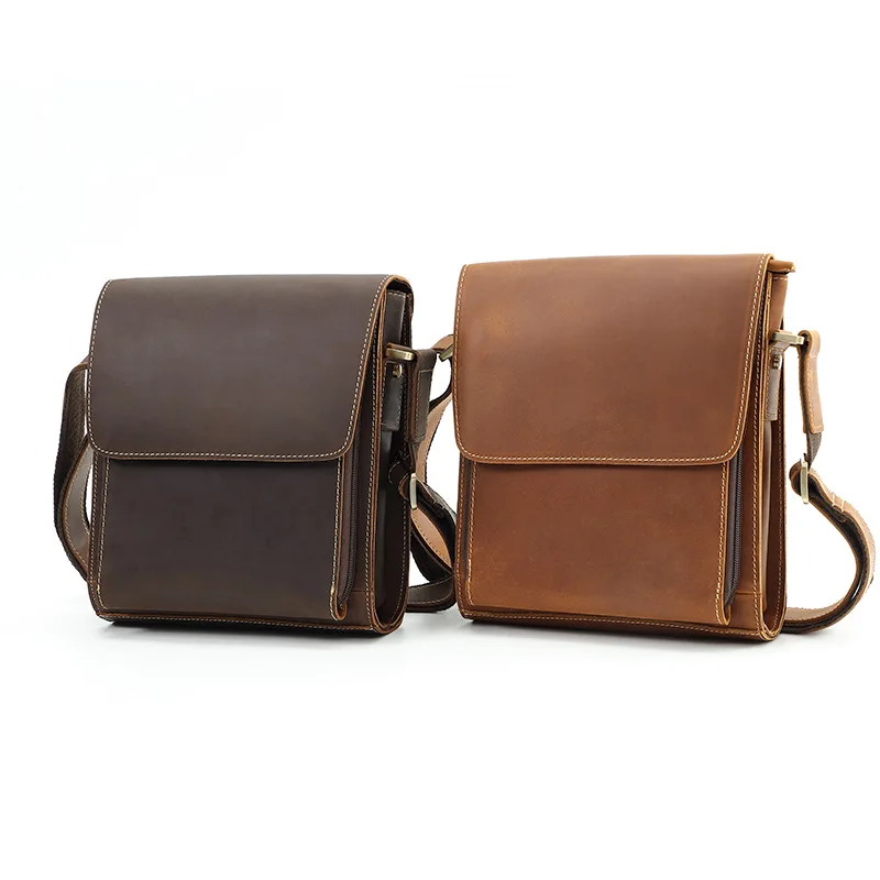 

Vintage Top-Grain Cowhide & Crazy Horse Leather Men's Crossbody Bag, Magnetic Buckle Flip-Over Shoulder Bag - Casual Fashion Por