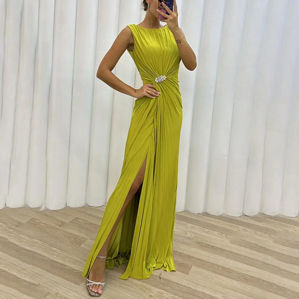 

Long Dress Elegant Rhinestone Decor Evening Dress with Pleated Slit Hem Floor Length Maxi Dress for Prom Cocktail Party Round