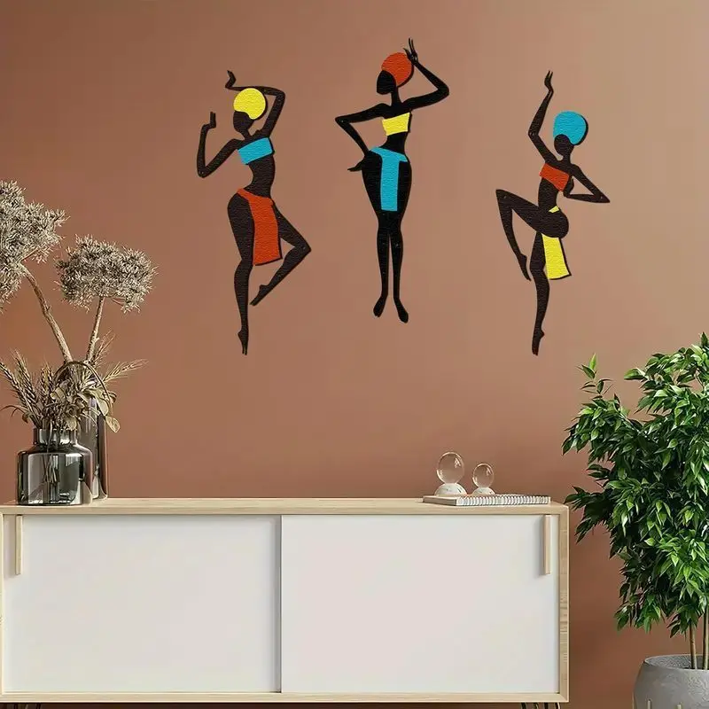 3 Pieces of African Metal Wall Art - Ethnic Dance Style Silhouette Art, Maximalist Hanging Decoration, Unique Wall Sculpture Gift, Geometric Patterns, Iron Material, Horizontal Orientation, Suitable for Living Room, Christmas Decoration
