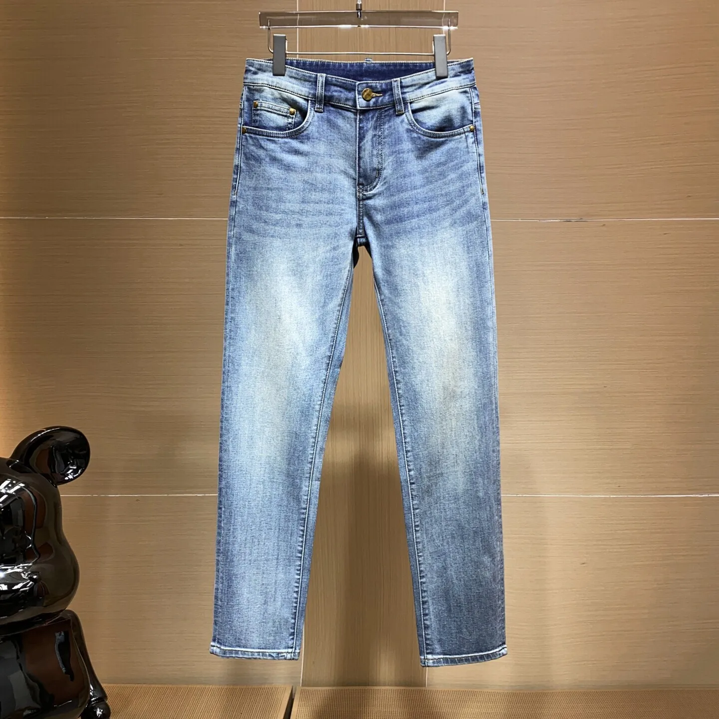 

Spring Summer Men's Slim Fit Straight Leg Jeans Versatile Waed Blue Faion Urban Sle mid Waist Dstring No Brand