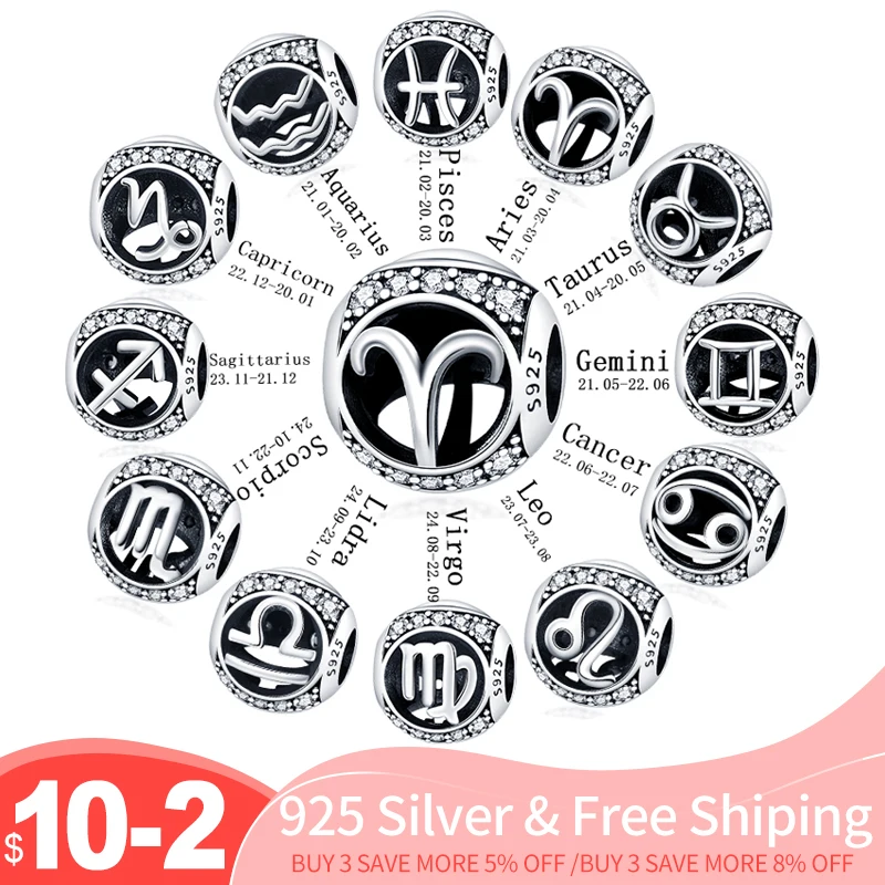 Para pulsera Pan Original, cuentas de plata 925 de doce constelaciones, dijes de plata de ley 925, joyería fina para mujer, regalo caliente