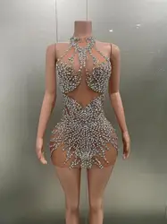 STOCK Sparkly Rhinestones Dress Sexy Mesh See Through Party Evening Prom Celebrate Birthday Dress Singer Dancer Show Stage Wear