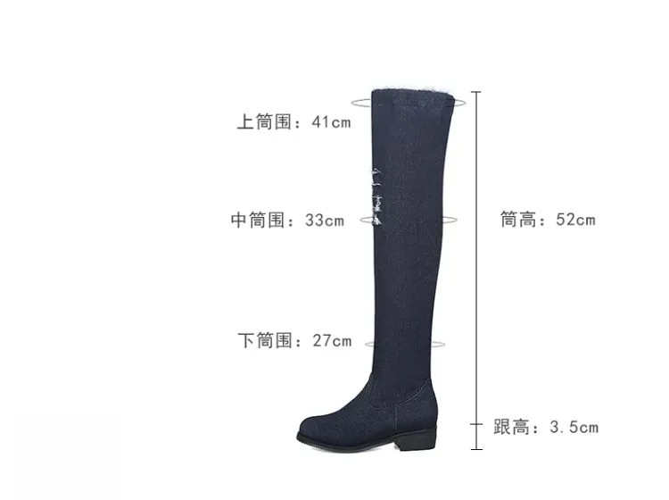 2023 Winter Denim Hole Hollow Knight Over Knee Boots Womens Med Block Heel Blue Black Ladies Riding Overknee Boots Plus Size