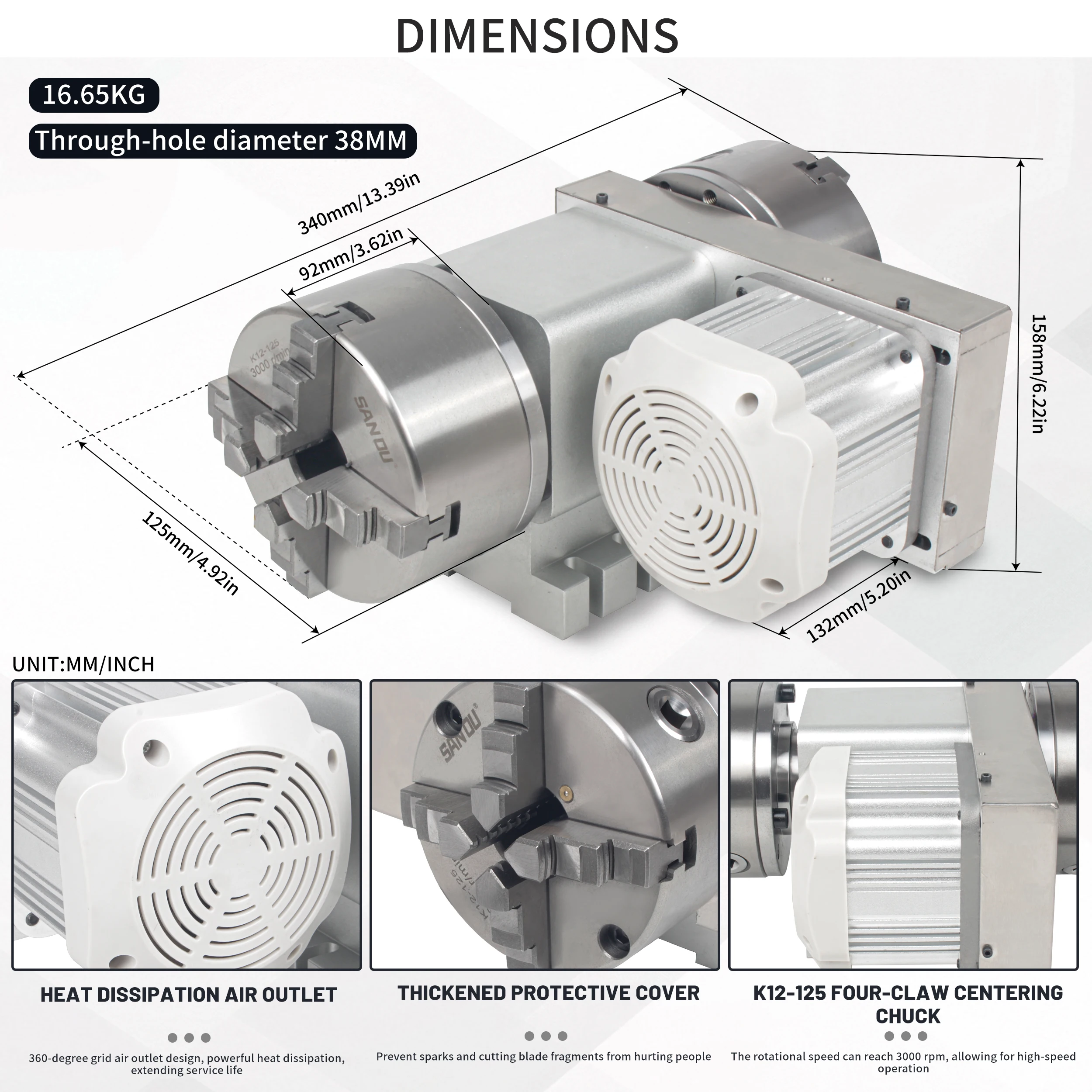 CNC Adjustable speed A Axis Rotary 4th Fourth Axis 3 / 4 jaw chuck 125mm Dividing Index Head Through hole diameter 38mm