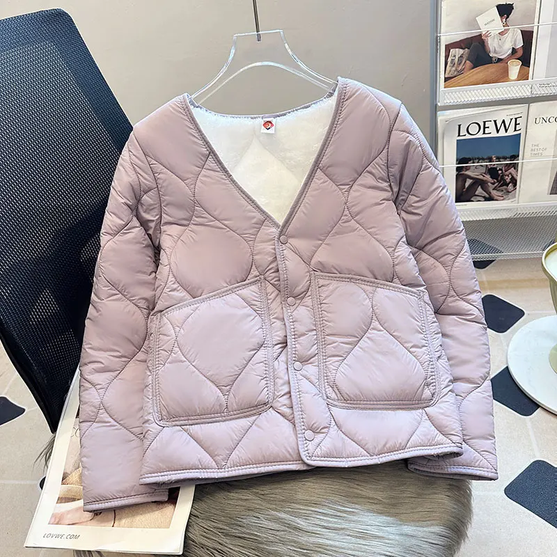 여성 겨울 양털 코튼 패딩 자켓 v 넥 긴 소매 싱글 브레스트 두꺼운 따뜻한 퀼트 코트 내부 라이너 자켓