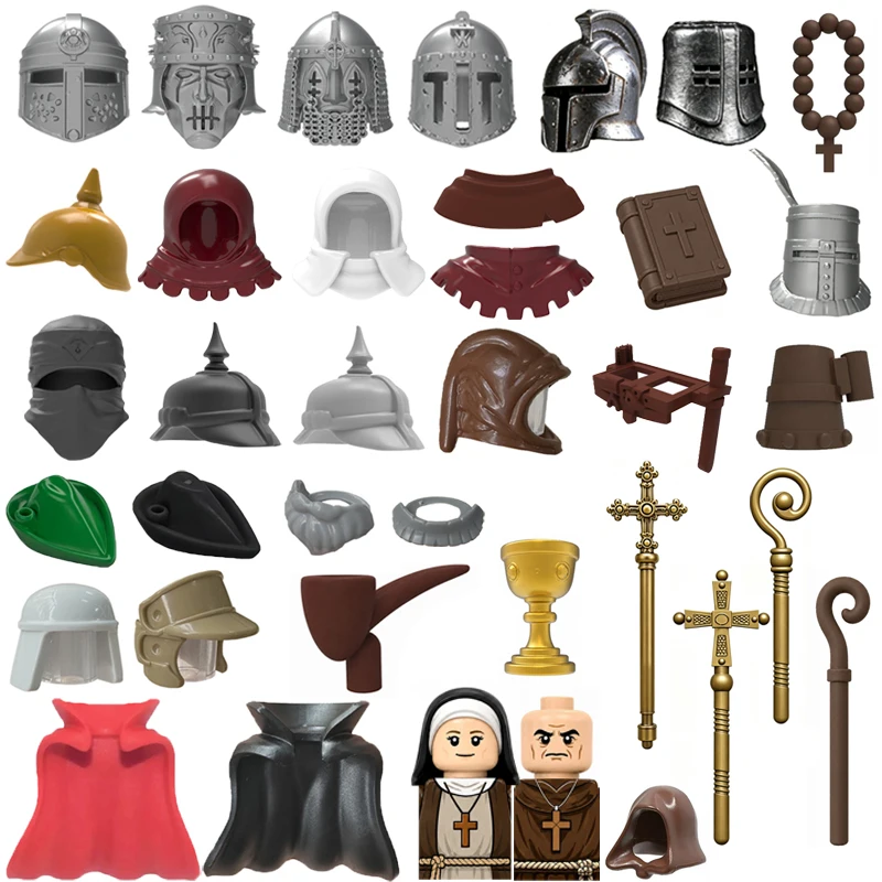 Figuras MOC, Piezas de Cuerpo, Bloques de Construcción, Casco de Caballero Medieval, Barba, Sombrero Imperial, Capa, Hacha, Martillo, Guadaña, Mini Ladrillos, Juguetes, Regalos