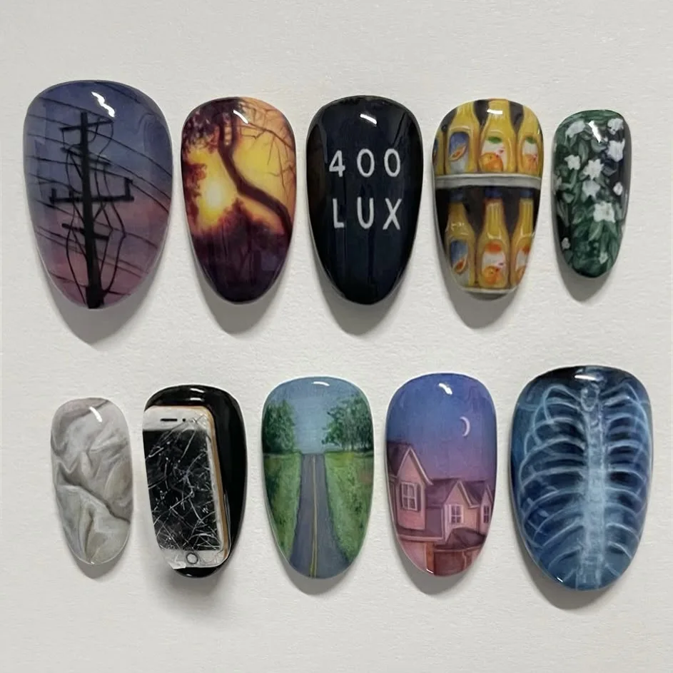 24 Uds. Parches de uñas postizas de almendra brillante, cubierta completa de Material acrílico, uñas postizas con diseños de huesos del atardecer de la autopista, prensa en las uñas