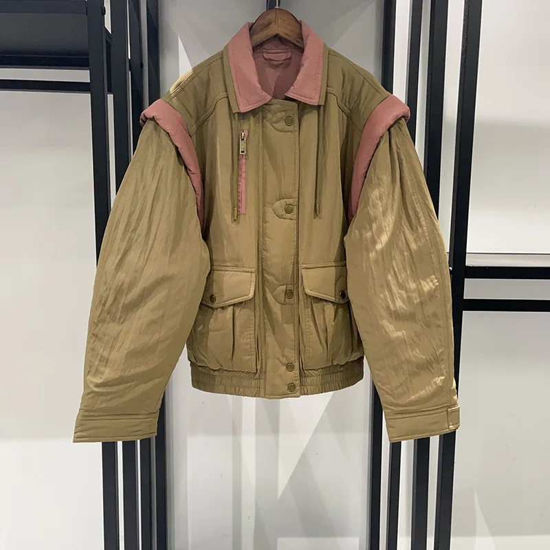 2025 Fall Winter French Minimalist Color Block Vest Coat Detachable Sleeve 2 Ways Wear Loose Cargo Padded Waist Jacket