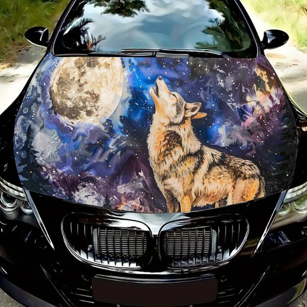 

Full Moon Roaring Wolf Car Hood Vinyl Wraps Sticker, Car Engine Decal, Waterproof Self-adhesive Car Packaging Cover, Universal C