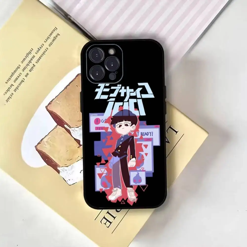 حافظة هاتف Anime M-Mob P-Psycho 100 لهاتف iPhone17,16,15,14,13,12,11 Plus, Pro Max, غطاء أسود ناعم