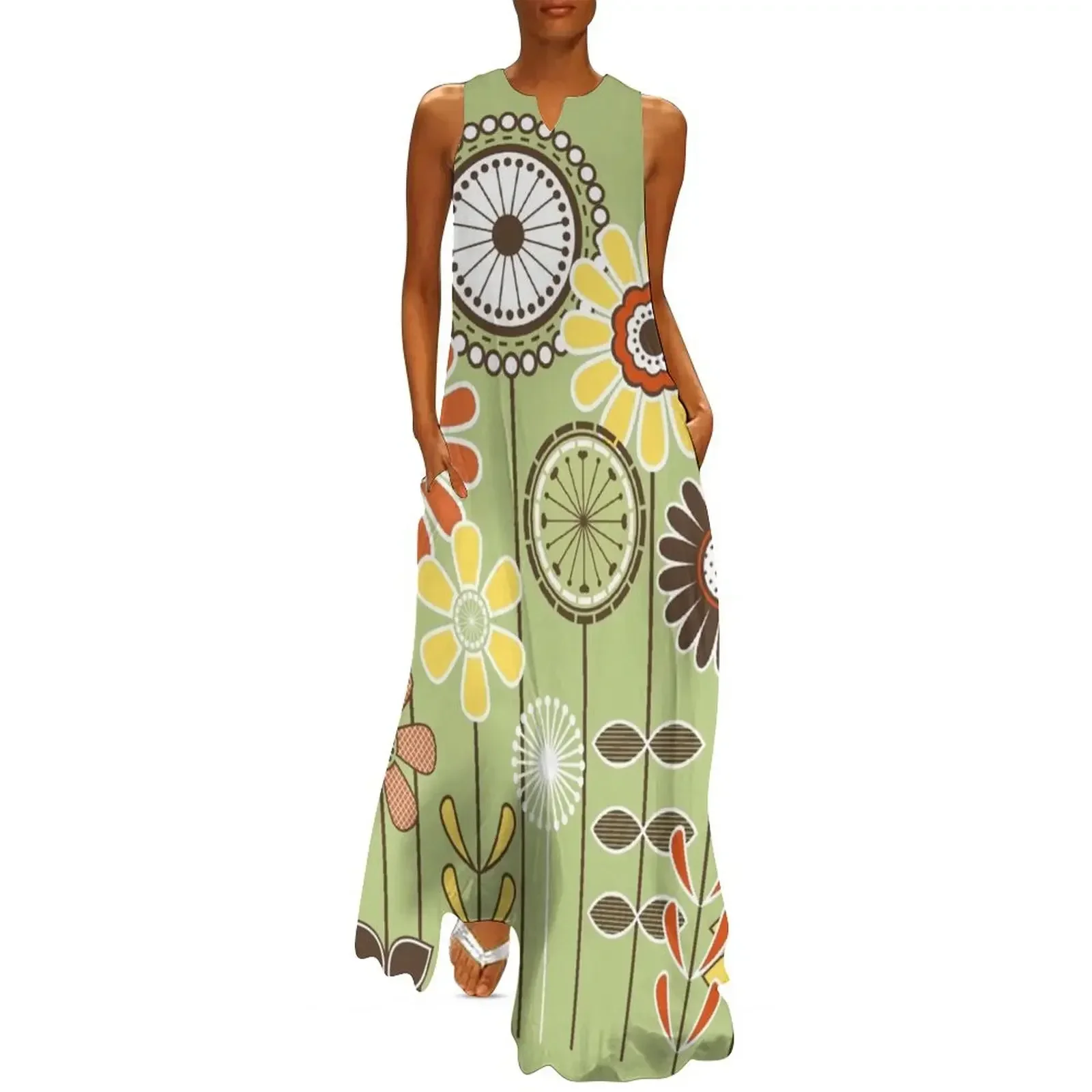 

Cute Flower Mid Century Modern Print - Green Brown Orange Yellow Long Dress luxury evening dresses 2025 Dress