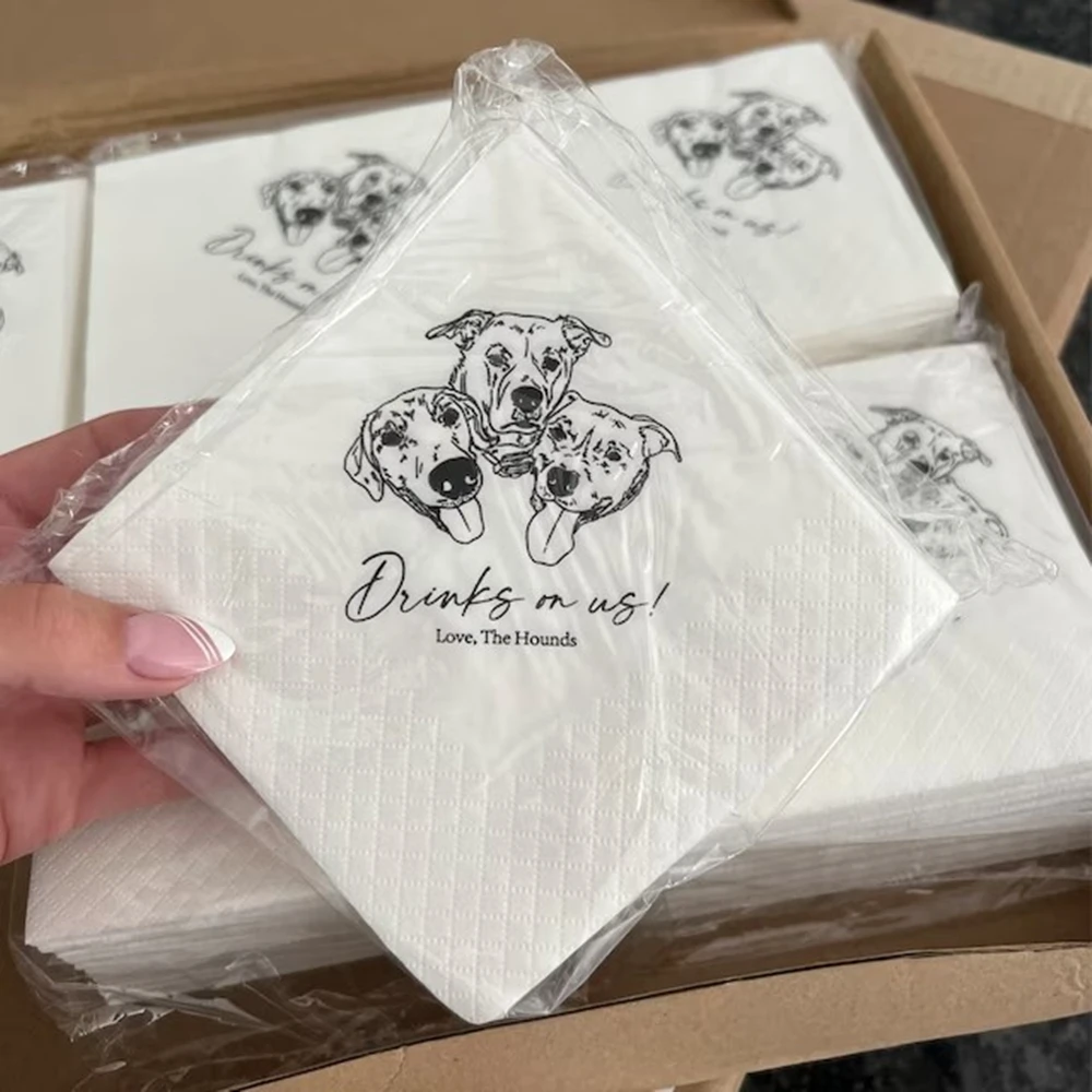 50pcs Custom Illustrated Dog Wedding Napkins | Custom Pet Wedding Paper Napkins | Drinks On Me | Personalized Engagement Napkins