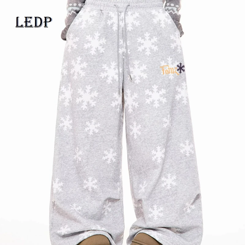 الأمريكية رمادي ندفة الثلج طباعة كاملة الصوف سراويل تقليدية نسائية 2025 شتاء جديد فضفاض متعدد الاستخدامات الدافئة واسعة الساق بنطلون السيدات #1