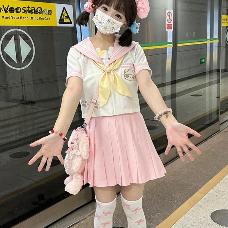 

Japanese Sweet Lolita Style Skirt Set Women Kawaii Sailor Collar Cartoon Tops Y2k Pleated Mini Skirts Girls Cute JK Uniform Suit