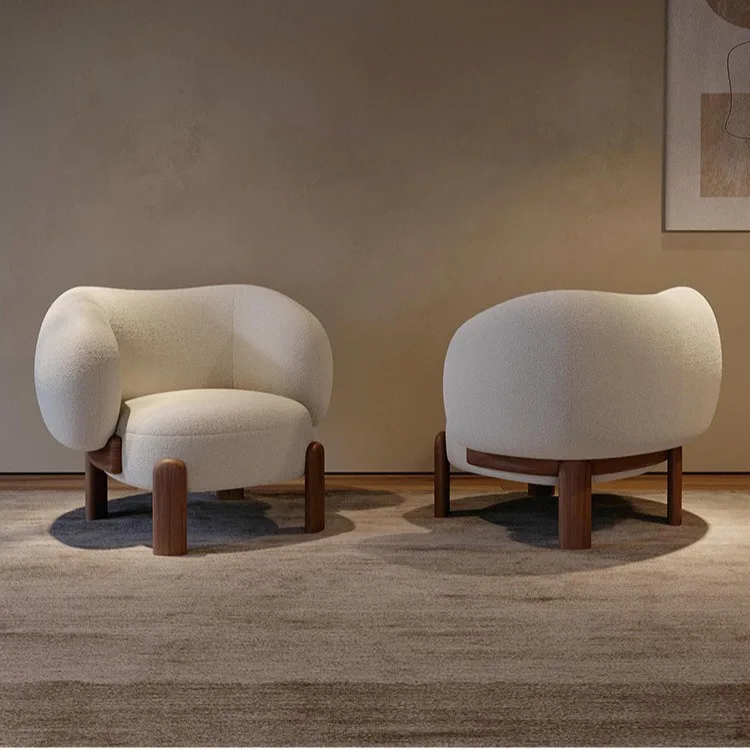 

Wabi Sabi Lamb Fleece Одноместный диван из массива дерева Ретро-диван со спинкой Одиночный стул