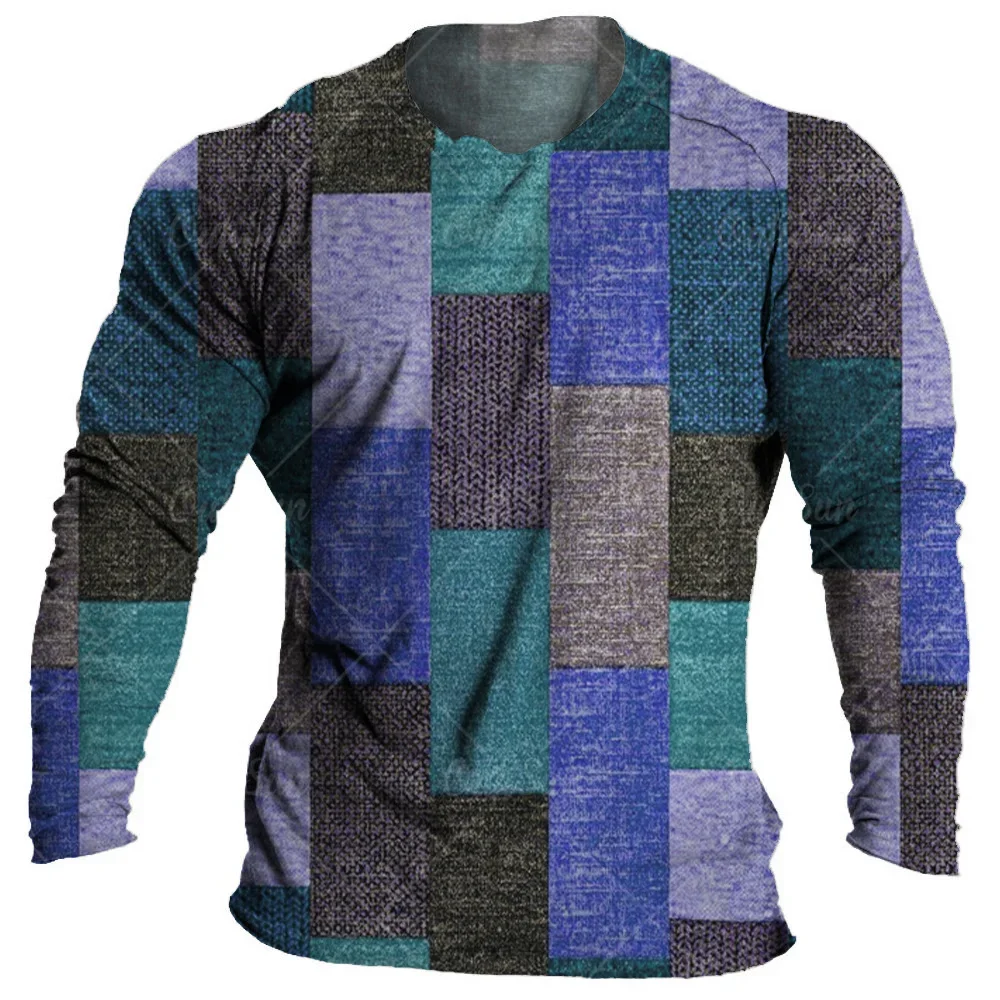 

Plaid Vintage Printing Men's T-shirts Loose O-neck Long Sleeve Tops High-quality Daily T Shirt For Man Patchwor Clothing