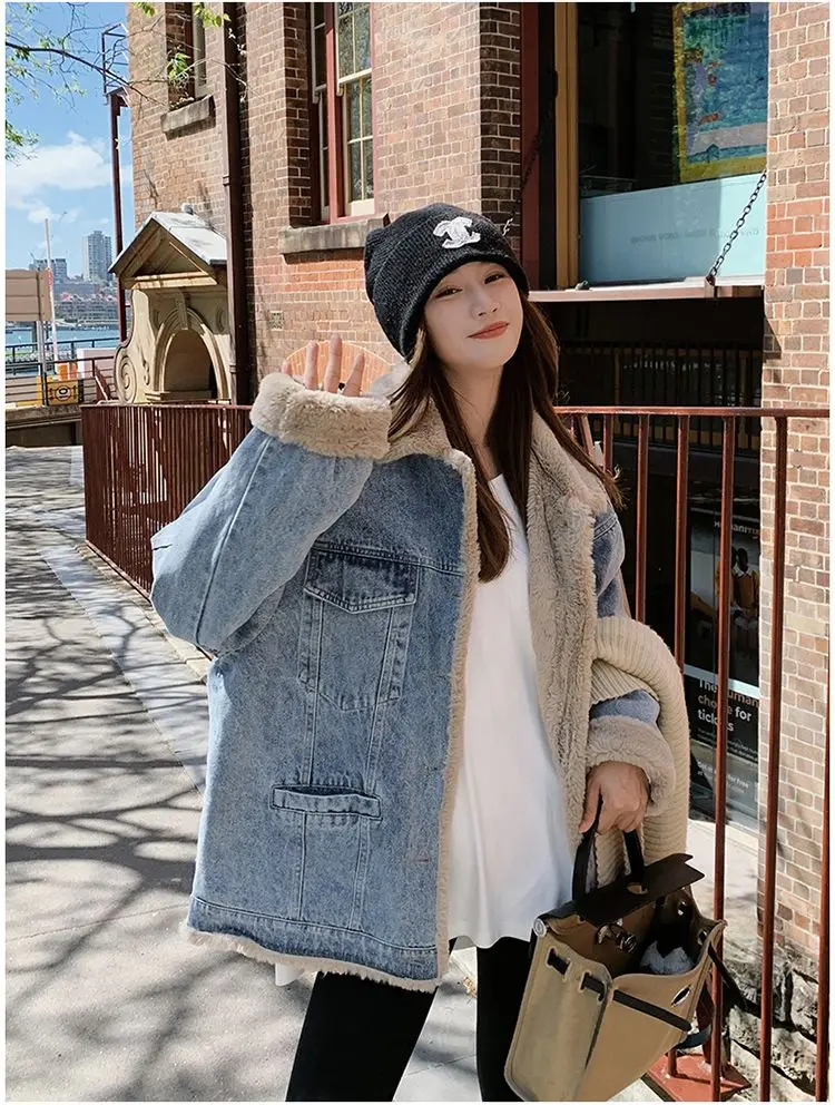 

Denim Coats With Rhinestone Woman Fur Plush Womens Fall Regular-Fit Buttoned Softshell Subcultural Double-Sided Urban Social Y2K