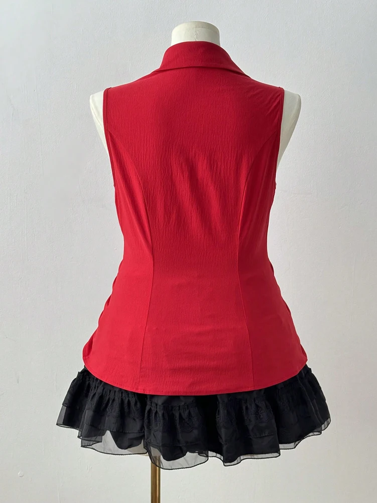 PLUS ขนาด 2025 ฤดูร้อนใหม่ผู้หญิงขนาดใหญ่เทศกาลดนตรี Tie Bow Slim Slim เสื้อแขนกุดวัสดุโพลีเอสเตอร์