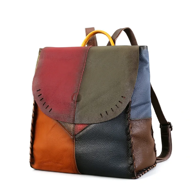 Patchwork Women Genuine Leather Backpack Unique Real Cow Leather Shoulder Bags Ladies Casual Daily Cowhide Travel Bagpack