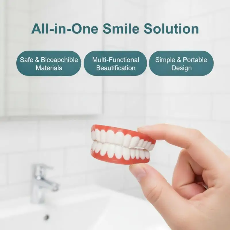 Upper & Lower Adjustable Dentures Set Full Mouth Food Grade Silicone Fake Teeth for Daily Oral Use