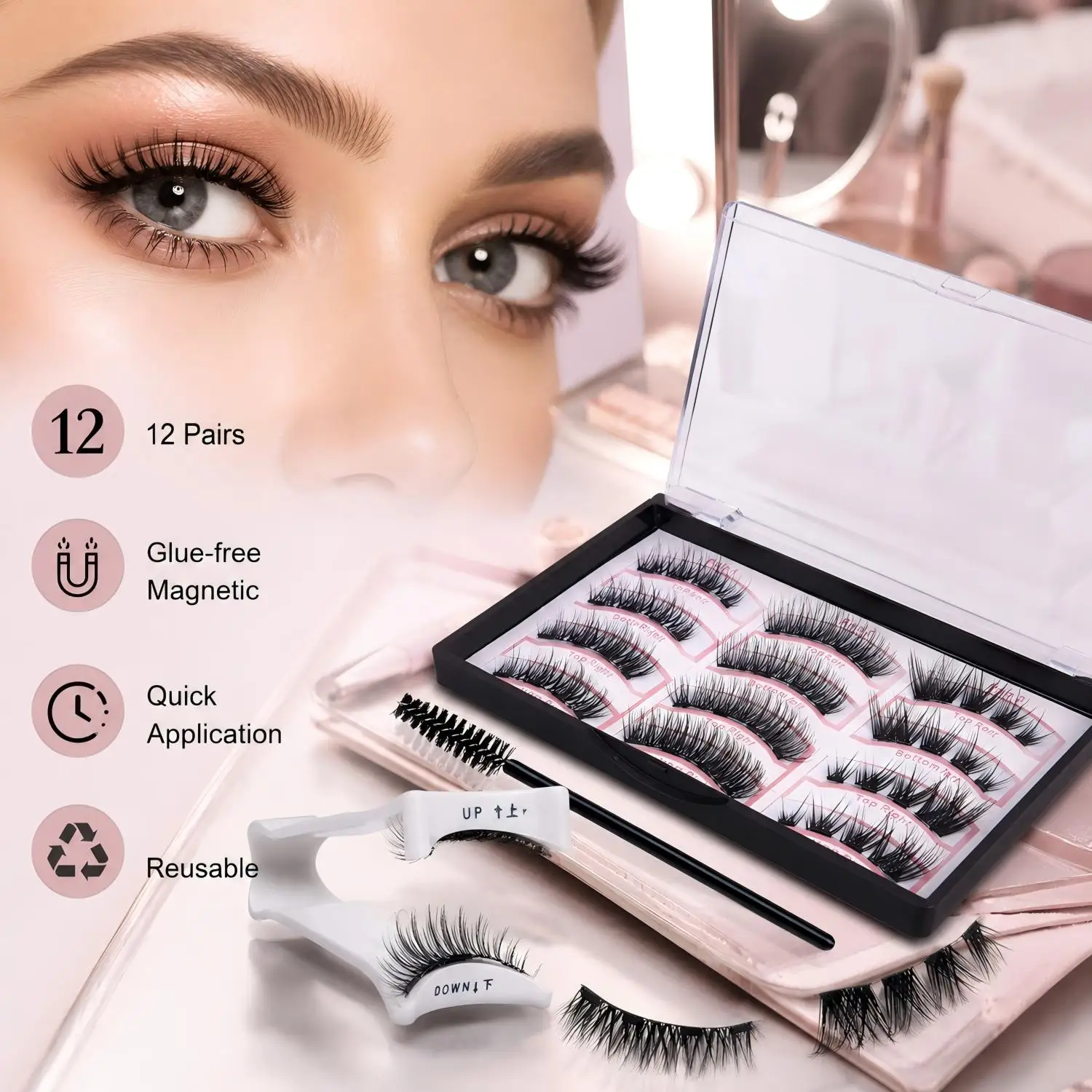12 faux cils magnétiques à l'aspect naturel, sans colle, réutilisables, imperméables, effet œil de chat, kit avec pince à épiler, application facile, tenue longue durée pour le maquillage quotidien, les voyages et les fêtes - un style saisissant adapté à toutes les occasions.
