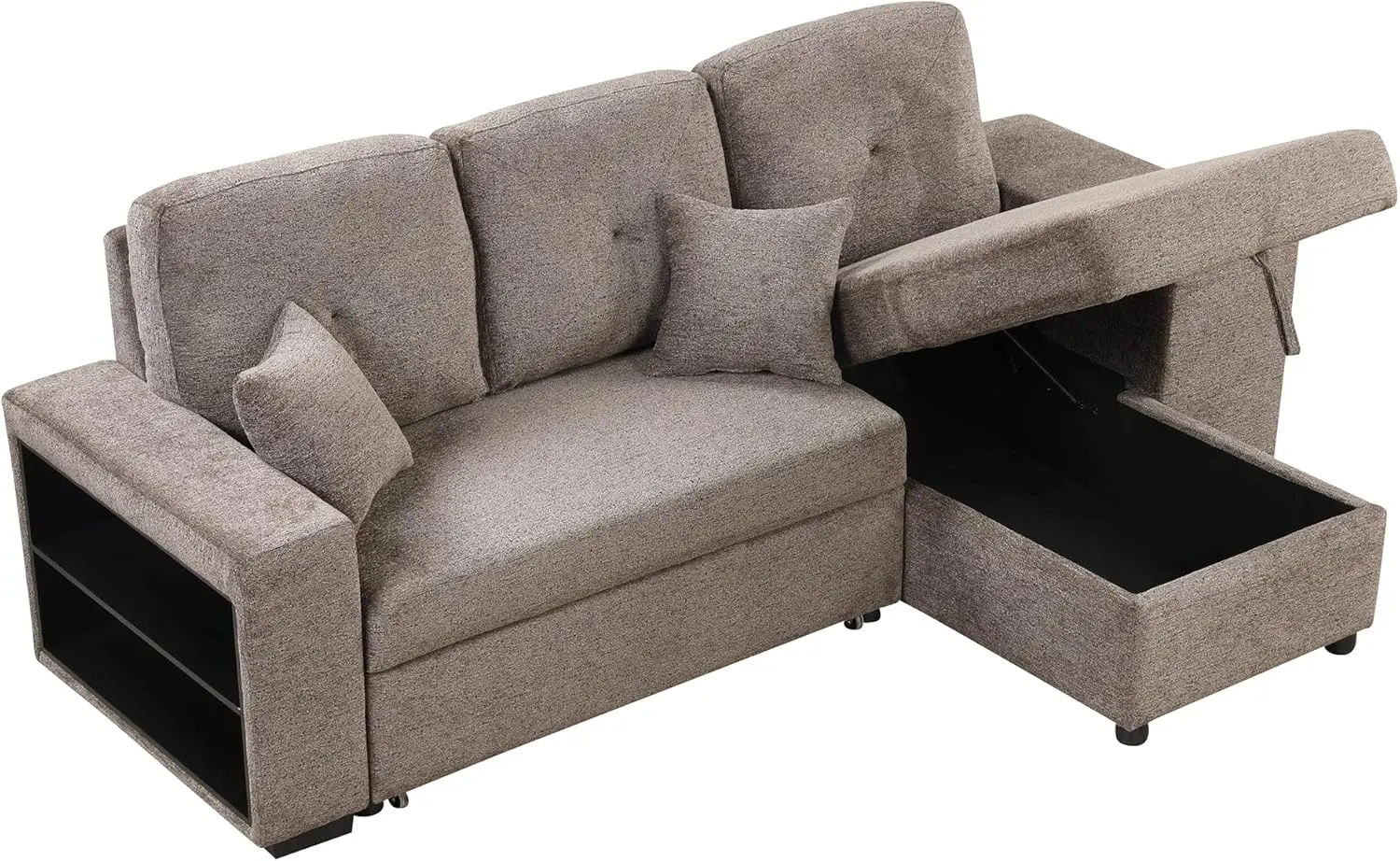 95"" Reversible Sleeper Sectional Sofa Bed With Side Shelf And 2 Stools,Pull-Out L-Shaped Couch With Storage Chaise Left/Right