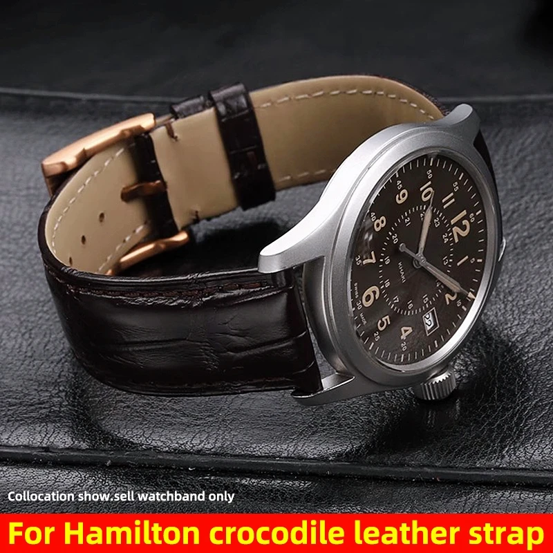 High quality Crocodile Skin WatchBand 20mm 22mm Men Watch Strap For Hamilton strap Khaki Field Knight Genuine Leather Bracelet