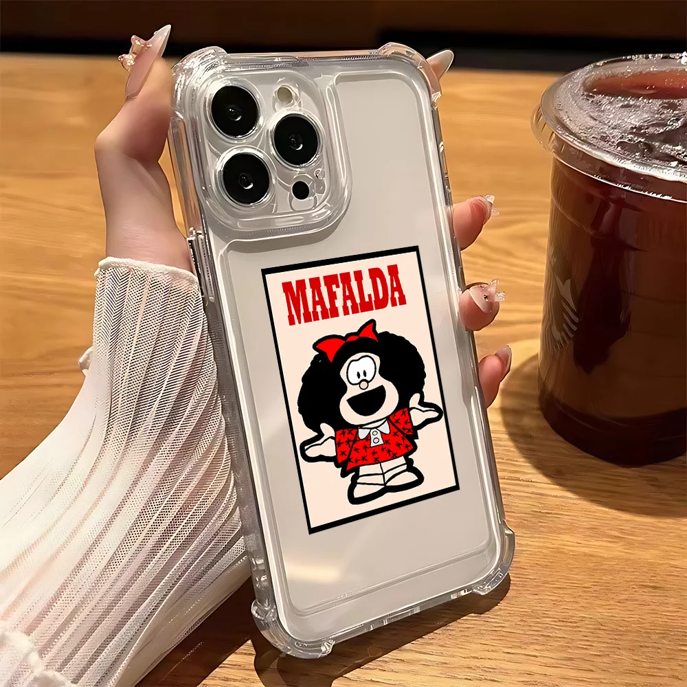 Cute Cartoon Bow Mafaldas Phone Case for IPhone 16 15 14 13 12 11 Mini Pro Max X XR XSMax 7 8 Plus Shockproof Transparent Cover
