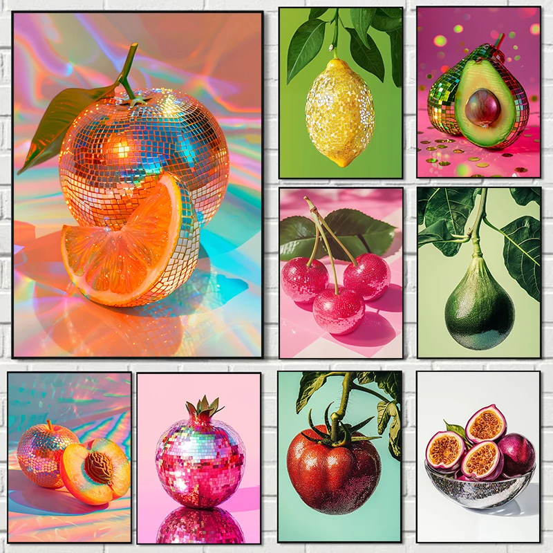 (2D canvas painting)  Retro Fruit Disco Ball Poster Funky Citrus Apple Strawberry Disco Mirror Ball Canvas Painting Trendy Wa