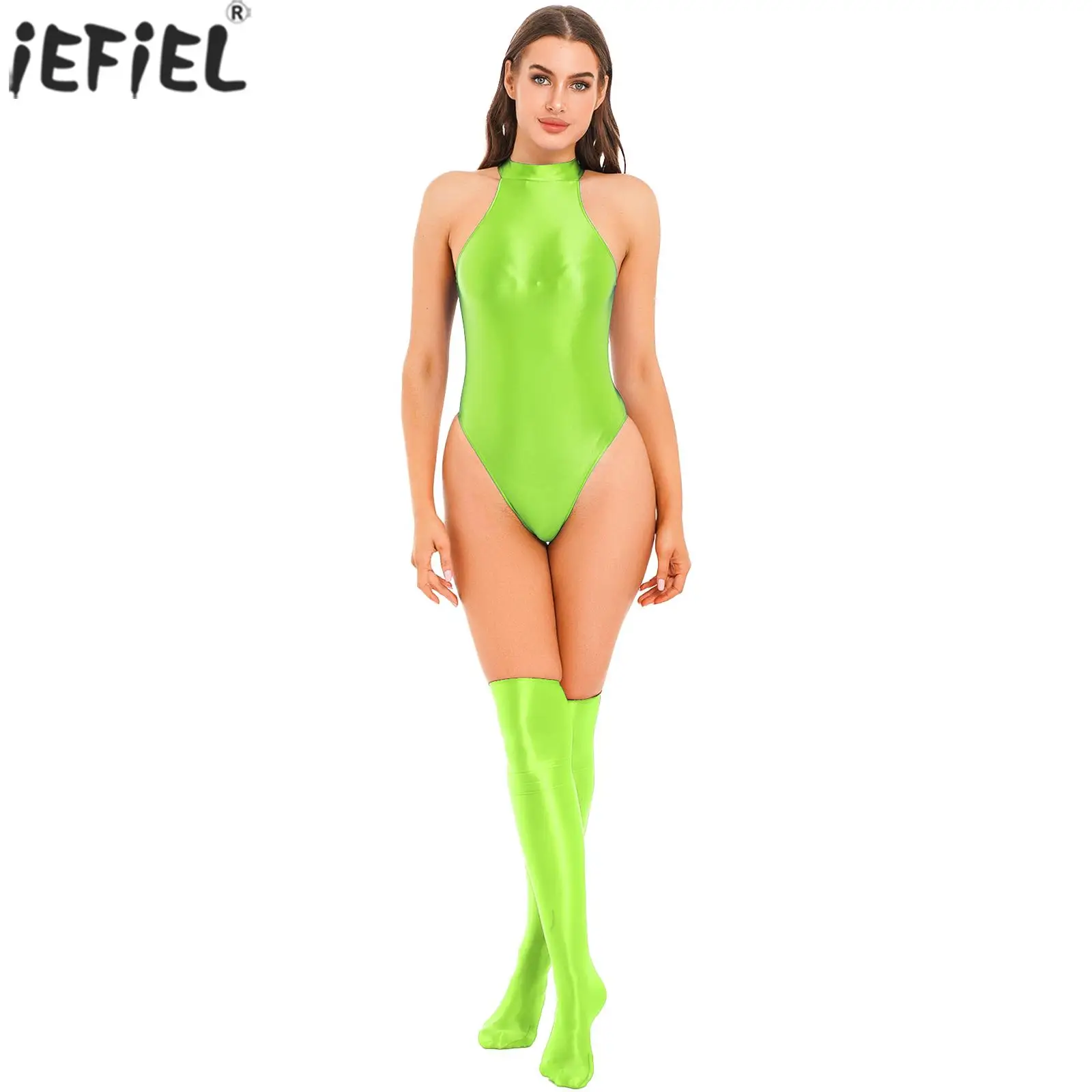 

Womens Solid Bodycon Catsuit Shiny Sleeveless Zipper Open Crotch Bodysuit Underwear Leotard Swimwear with Thigh High Stockings