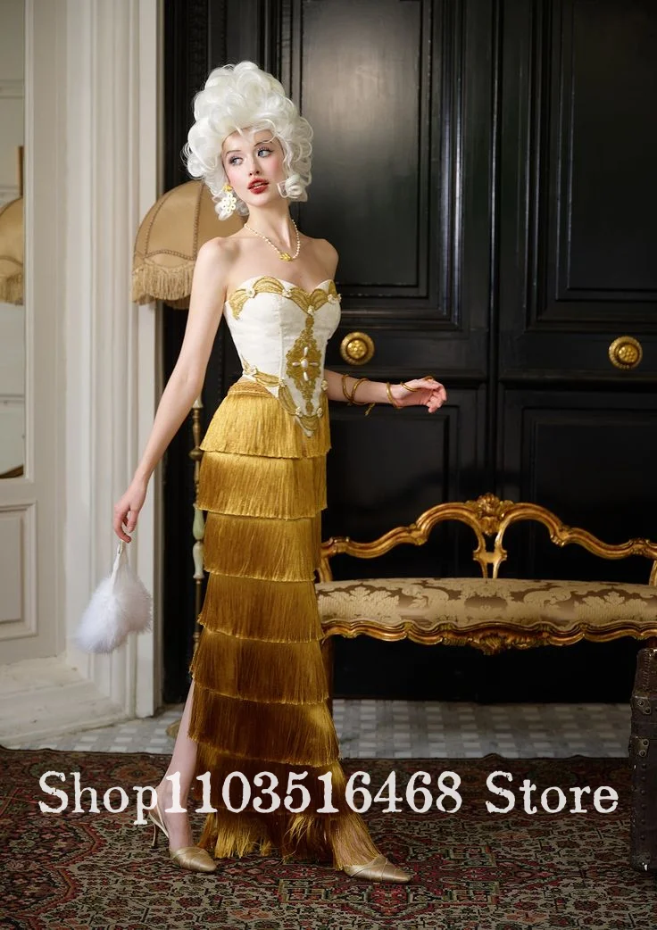 Aangepaste gember gele vintage Victoriaanse avondjurk geborduurd strapless korset franje zoom speciale gelegenheid baljurk
