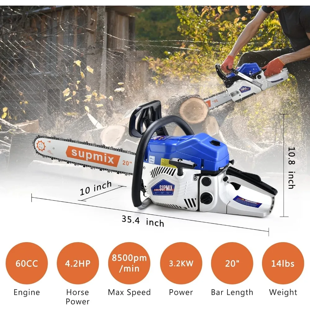 Gas Chainsaw 20 inch 62cc Chain Saws for Trees Gas Powered 4.2HP 2-Cycle Cordless Wood Cutting Machine