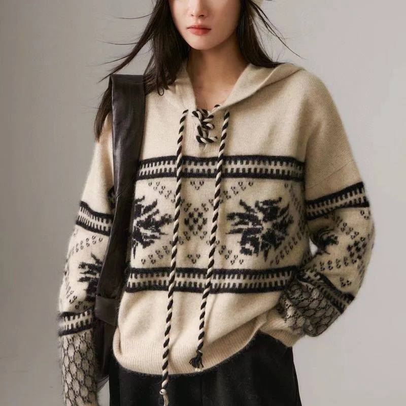 Met Hoed Pullover Vrouwen Vintage Kerst Herfst Winter Nieuwe Lange Mouwen Losse Vrije Tijd Dikker Zacht All-Match Lieve Meisjes Trendy