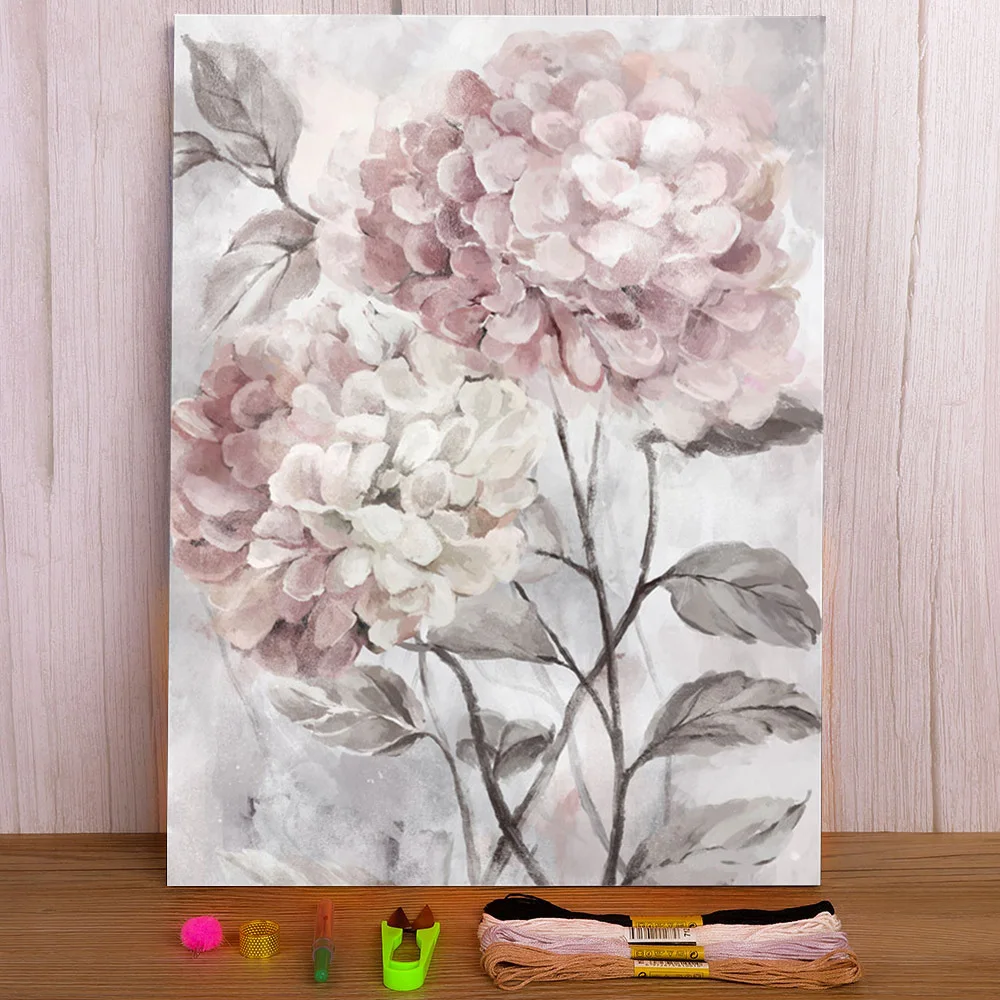 Flower Pink Grey Floral Nordic Printed 11CT Cross-Stitch Kit Embroidery DMC Threads Hobby Painting Handicraft Handiwork Floss