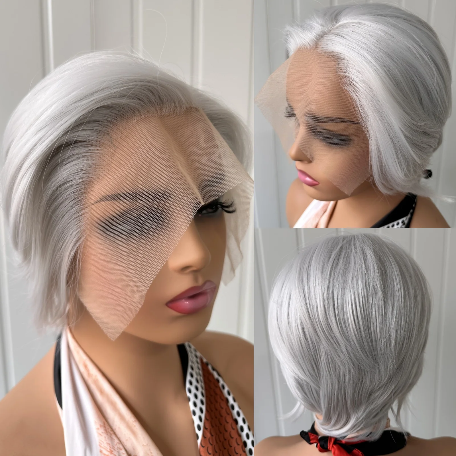 女性のためのモダンな合成レースフロントウィッグ、ピクシーカット、ショートボブウィッグ、グロレス、レイヤー、ストレートヘア、シルバーグレー、デイリー