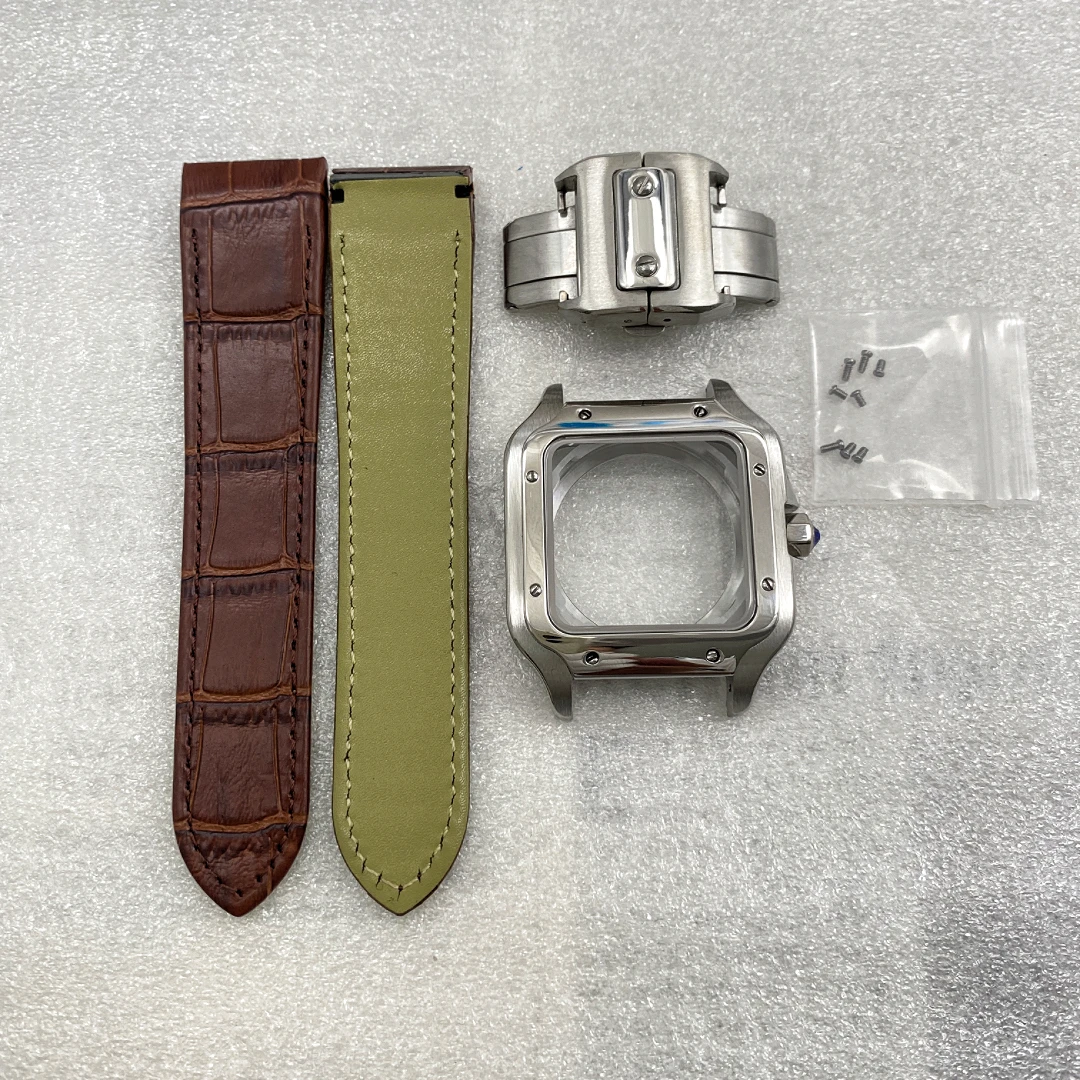 38mm Square Watch Case Fit 27mm Dial Leather Bracelet Mod Parts For Cartier Santos NH35 Movement Strap Butterfly Buckle Clasp