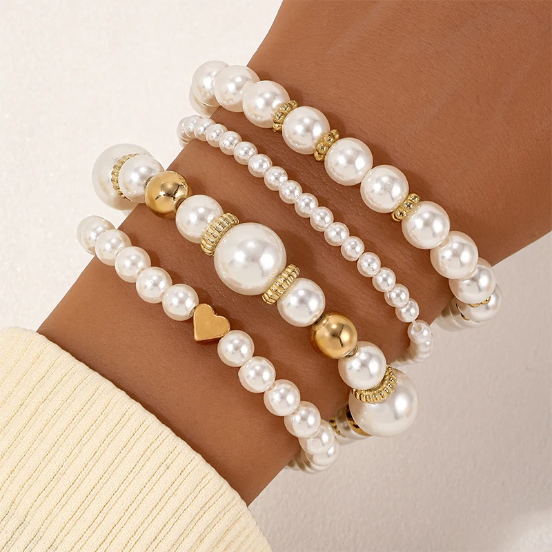 4Pcs Trendy Pearl Love Beaded Bracelet Set For Women Beads Adjustable Elastic Chain Bangle Female Luxury Party Jewelry Gift